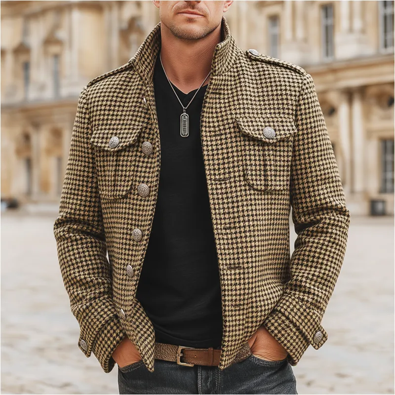 Men's Retro Stand Collar Multi-Button Houndstooth Faux Wool Jacket MTA1847K8U sold by Manly product image thumbnail 2