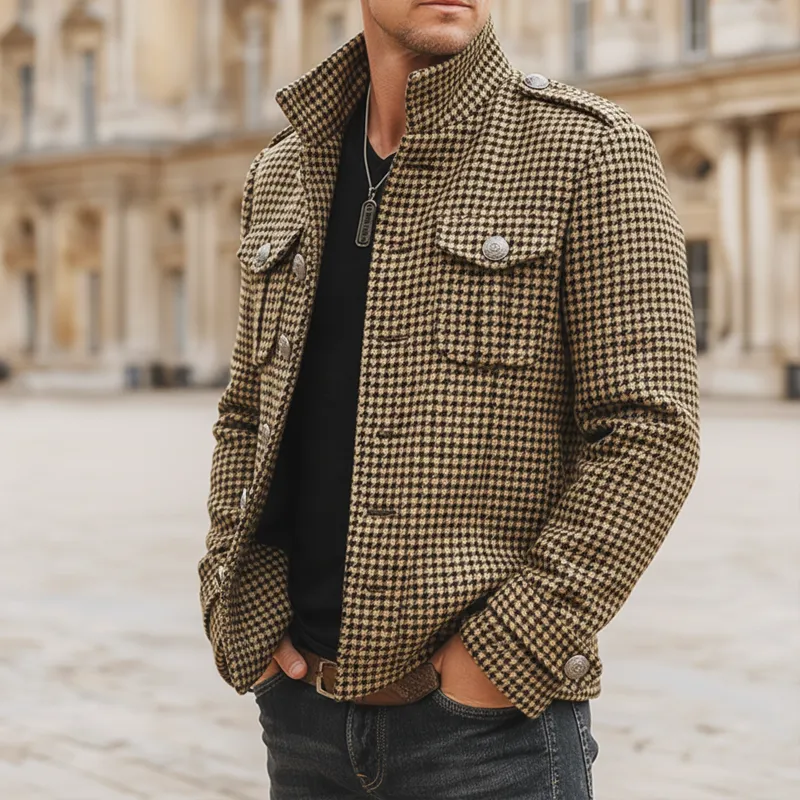 Men's Retro Stand Collar Multi-Button Houndstooth Faux Wool Jacket MTA1847K8U sold by Manly product image thumbnail 3