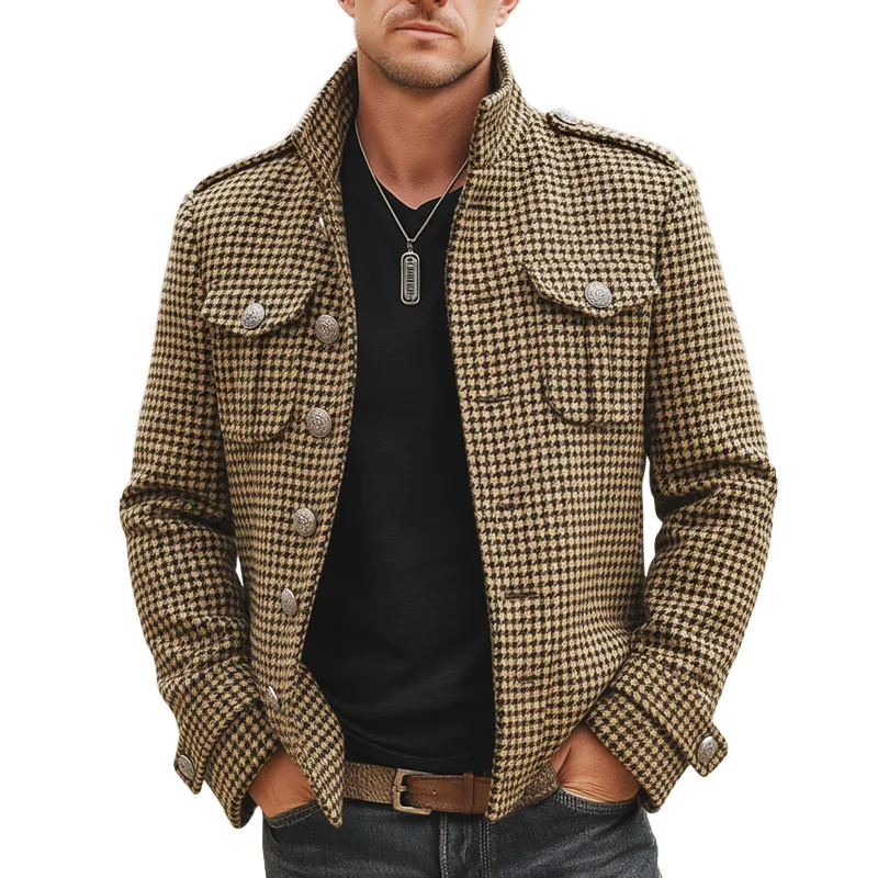 Men's Retro Stand Collar Multi-Button Houndstooth Faux Wool Jacket MTA1847K8U sold by Manly