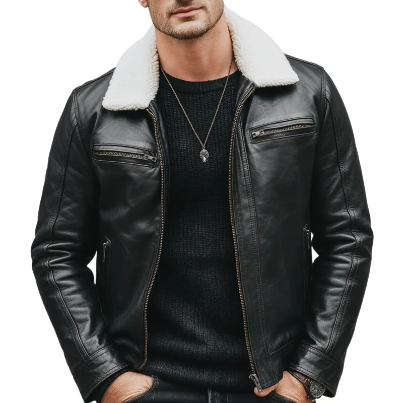 Men's Urban Fur Collar Zipper Black PU Leather Jacket MTA1870K2U sold by Manly