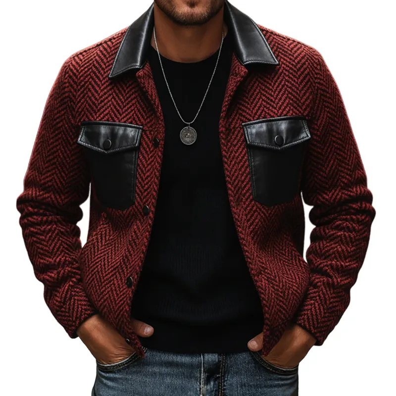 Men's Classic Urban Herringbone Faux Wool Patchwork PU Leather Jacket MTA1813K0U sold by Manly