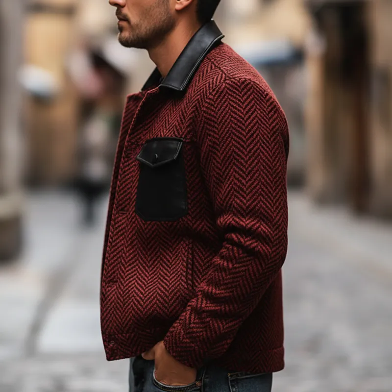 Men's Classic Urban Herringbone Faux Wool Patchwork PU Leather Jacket MTA1813K0U sold by Manly product image thumbnail 3