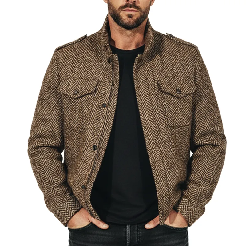 Men's Classic Stand-up Collar Herringbone Faux Wool Zip-up Snap-button Jacket MTA1893K4U sold by Manly