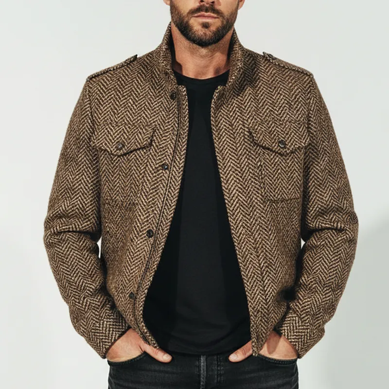 Men's Classic Stand-up Collar Herringbone Faux Wool Zip-up Snap-button Jacket MTA1893K4U sold by Manly product image thumbnail 5