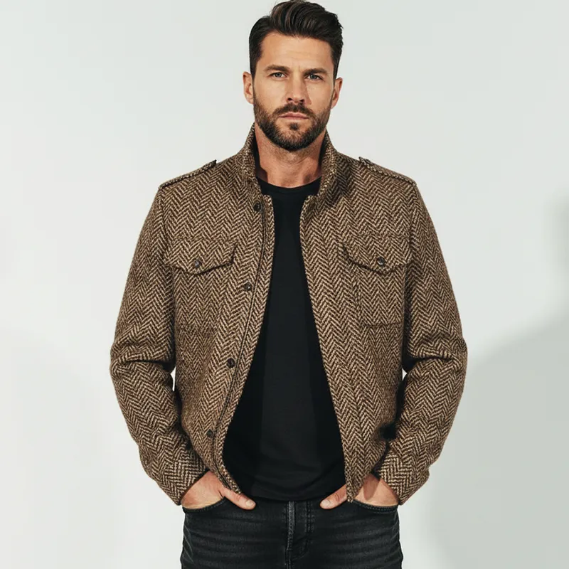 Men's Classic Stand-up Collar Herringbone Faux Wool Zip-up Snap-button Jacket MTA1893K4U sold by Manly product image thumbnail 2