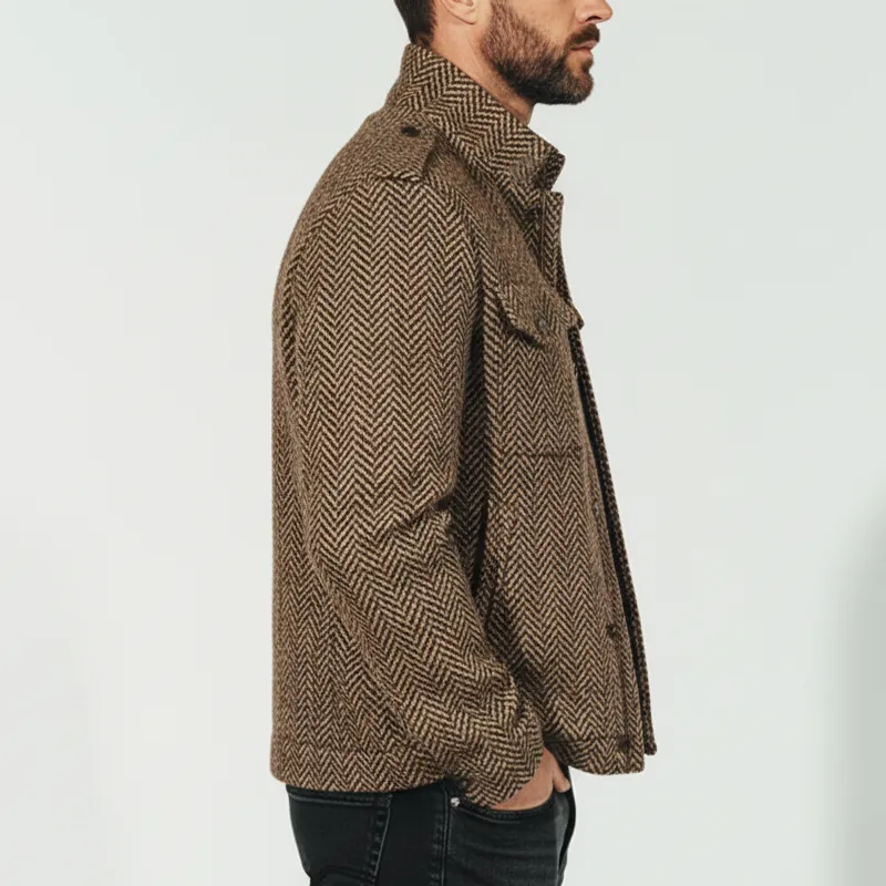 Men's Classic Stand-up Collar Herringbone Faux Wool Zip-up Snap-button Jacket MTA1893K4U sold by Manly product image thumbnail 3