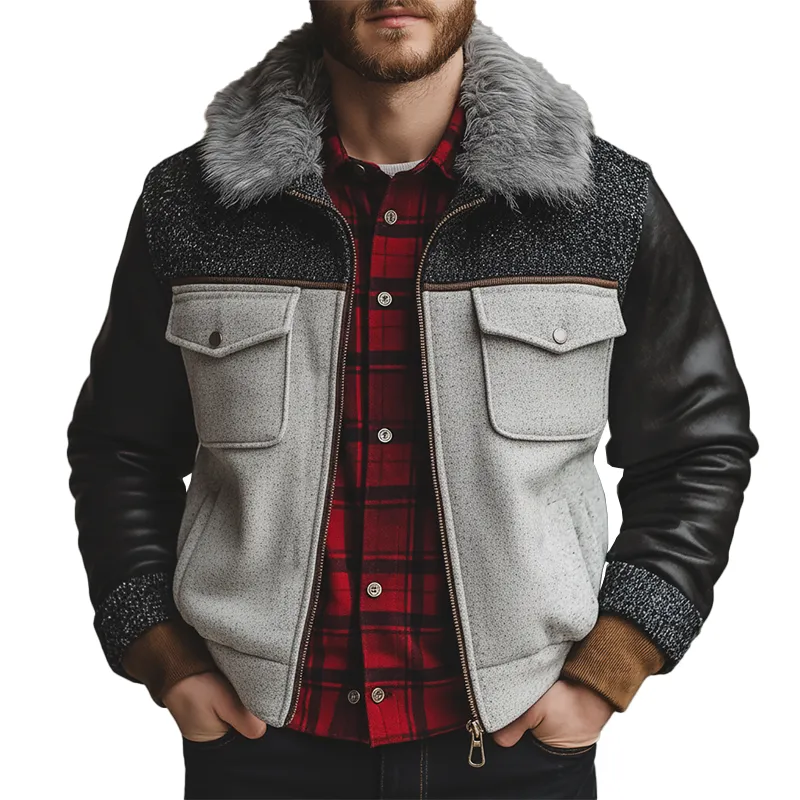 Men's Winter Faux Wool PU Patchwork Jacket With Fur Collar MTA1770K8P sold by Manly