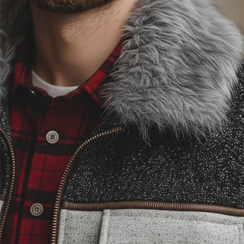 Men's Winter Faux Wool PU Patchwork Jacket With Fur Collar MTA1770K8P sold by Manly product image thumbnail 3