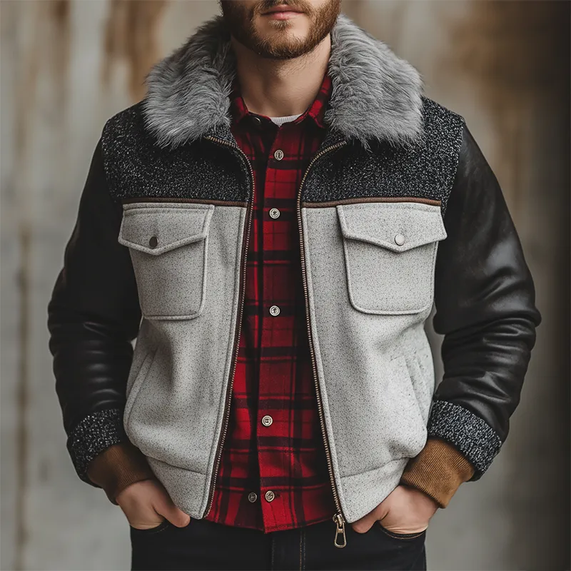 Men's Winter Faux Wool PU Patchwork Jacket With Fur Collar MTA1770K8P sold by Manly product image thumbnail 2