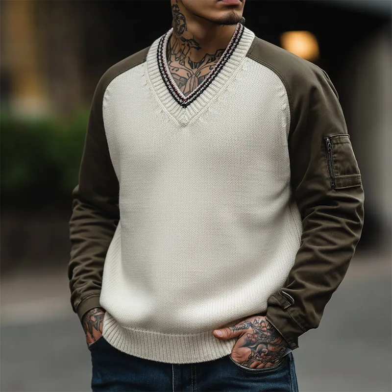 Men's Fashion Cotton Blend Patchwork V-Neck Sweater MTA1749K3P sold by Manly product image thumbnail 2