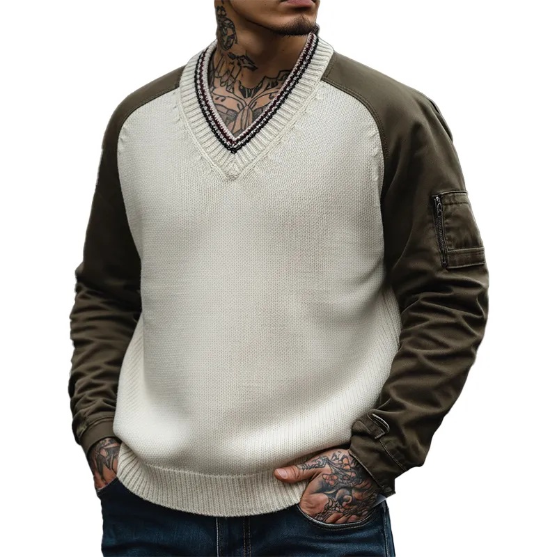 Men's Fashion Cotton Blend Patchwork V-Neck Sweater MTA1749K3P sold by Manly