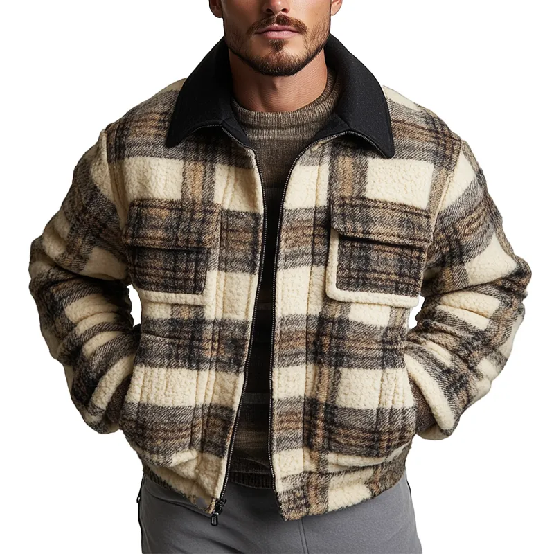 Men's Winter Retro Plaid Print Fleece Collar Jacket MTA1790K2P sold by Manly
