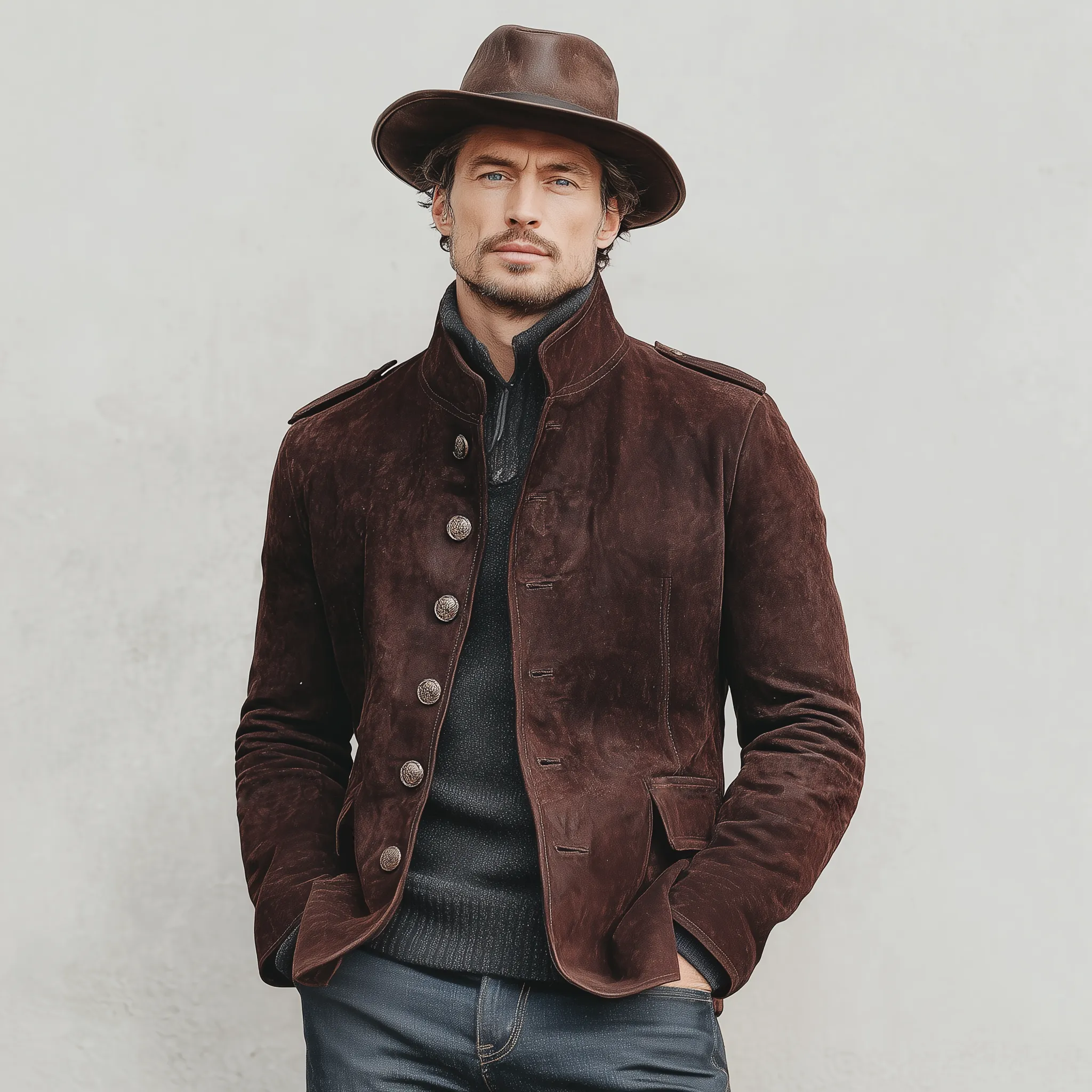 Men's Classic Retro Western Style Stand-up Collar Faux Suede Jacket MTA1757K0K sold by Manly product image thumbnail 2
