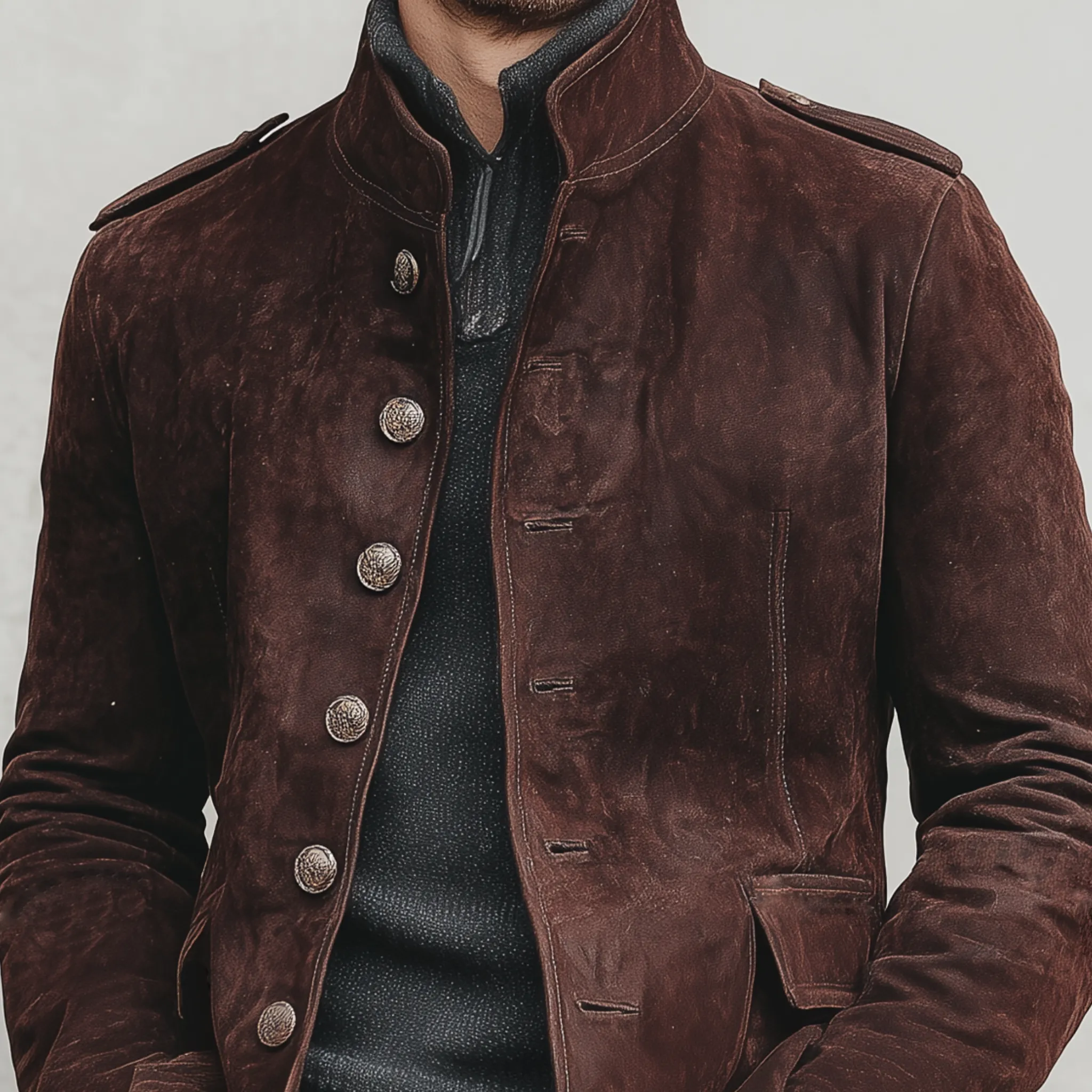 Men's Classic Retro Western Style Stand-up Collar Faux Suede Jacket MTA1757K0K sold by Manly product image thumbnail 4