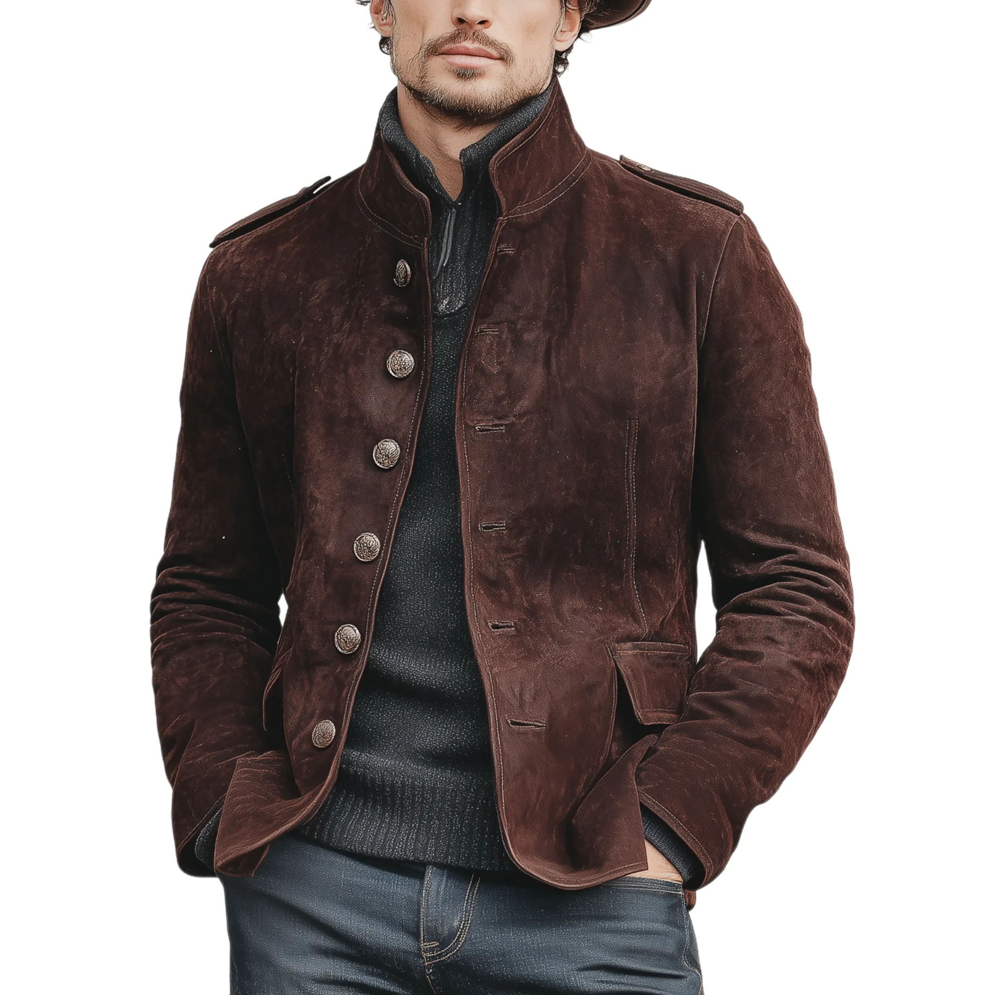 Men's Classic Retro Western Style Stand-up Collar Faux Suede Jacket MTA1757K0K sold by Manly