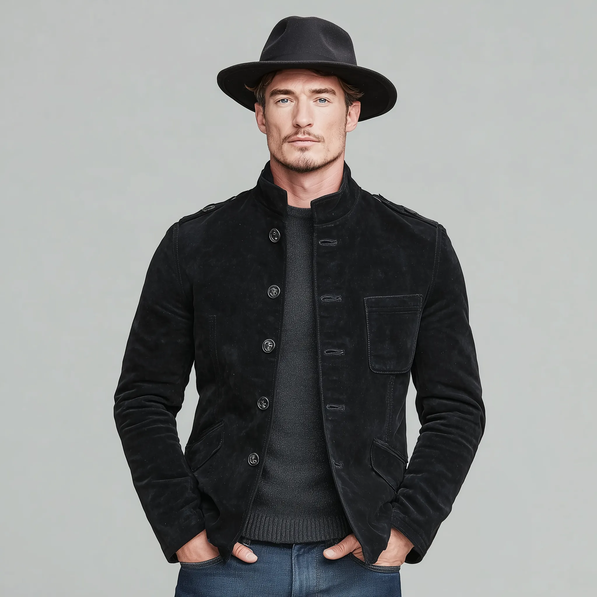 Men's Classic Retro Western Style Stand-up Collar Multi-pocket Faux Suede Jacket MTA1730K5K sold by Manly product image thumbnail 2