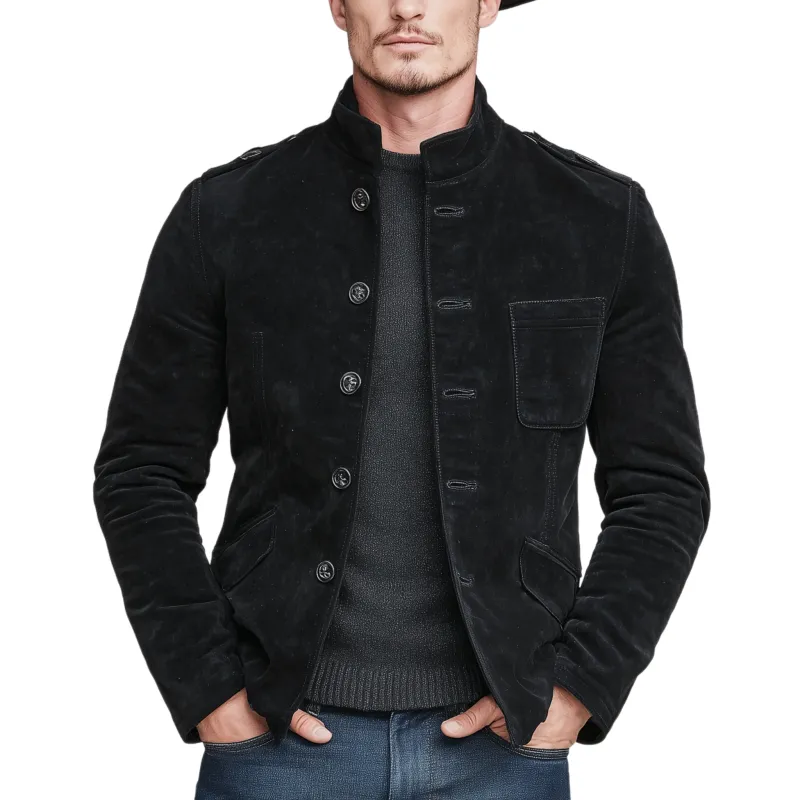 Men's Classic Retro Western Style Stand-up Collar Multi-pocket Faux Suede Jacket MTA1730K5K sold by Manly