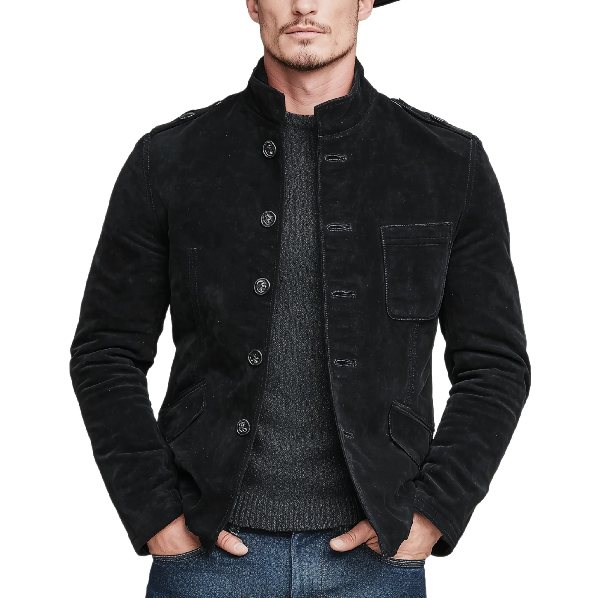 Men's Classic Retro Western Style Stand-up Collar Multi-pocket Faux Suede Jacket MTA1730K5K sold by Manly