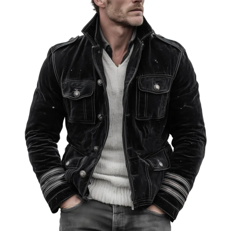 Men's Classic Retro Western Style Stand-up Collar Multi-pocket Faux Velvet Jacket MTA1400K4K sold by Manly