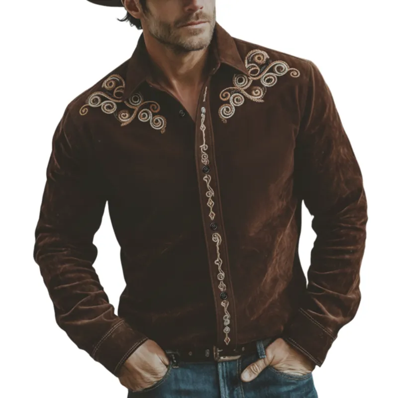 Men's Classic Retro Western Style Tough Guy Embroidered Faux Suede Long-sleeved Shirt MTA1761K6K sold by Manly