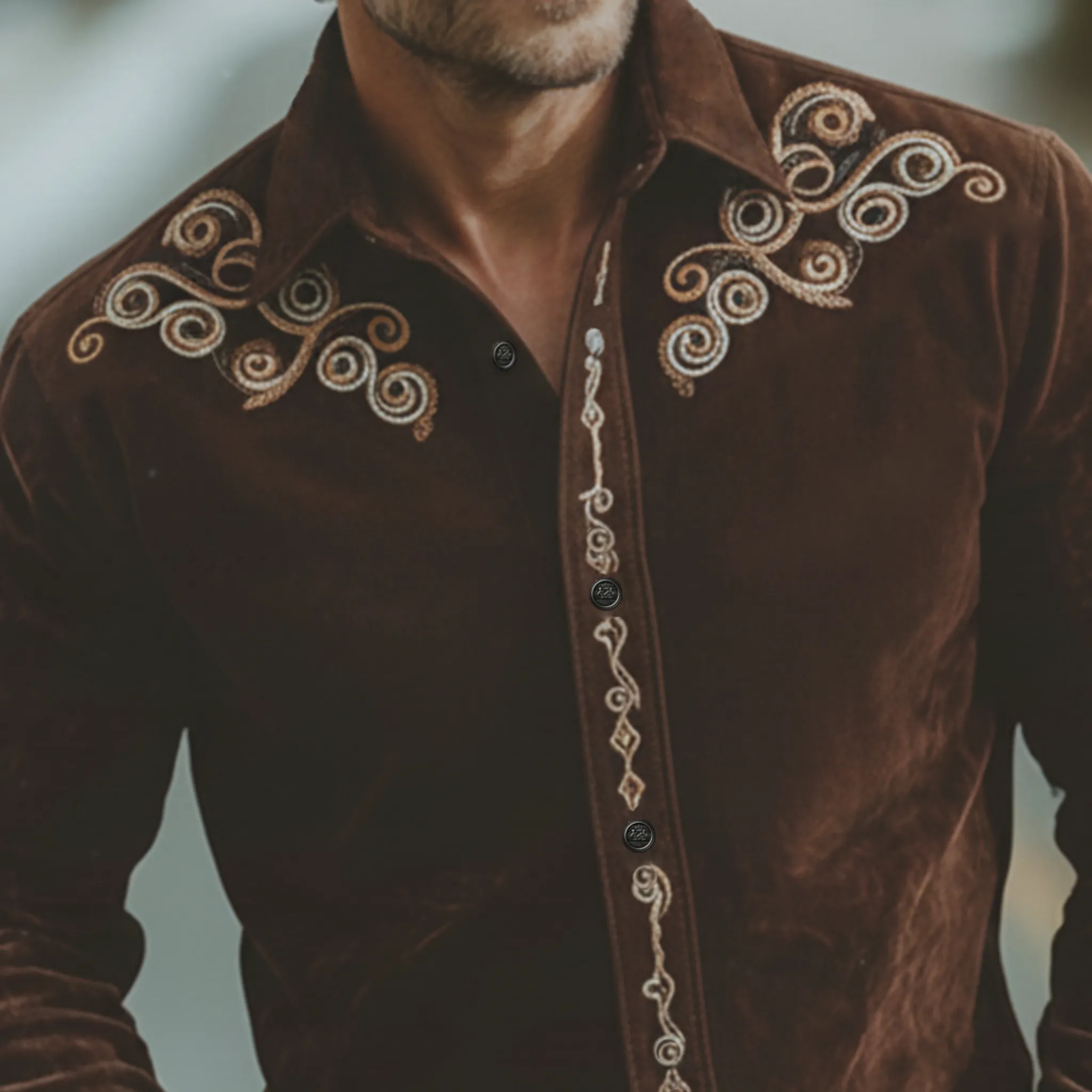 Men's Classic Retro Western Style Tough Guy Embroidered Faux Suede Long-sleeved Shirt MTA1761K6K sold by Manly product image thumbnail 4