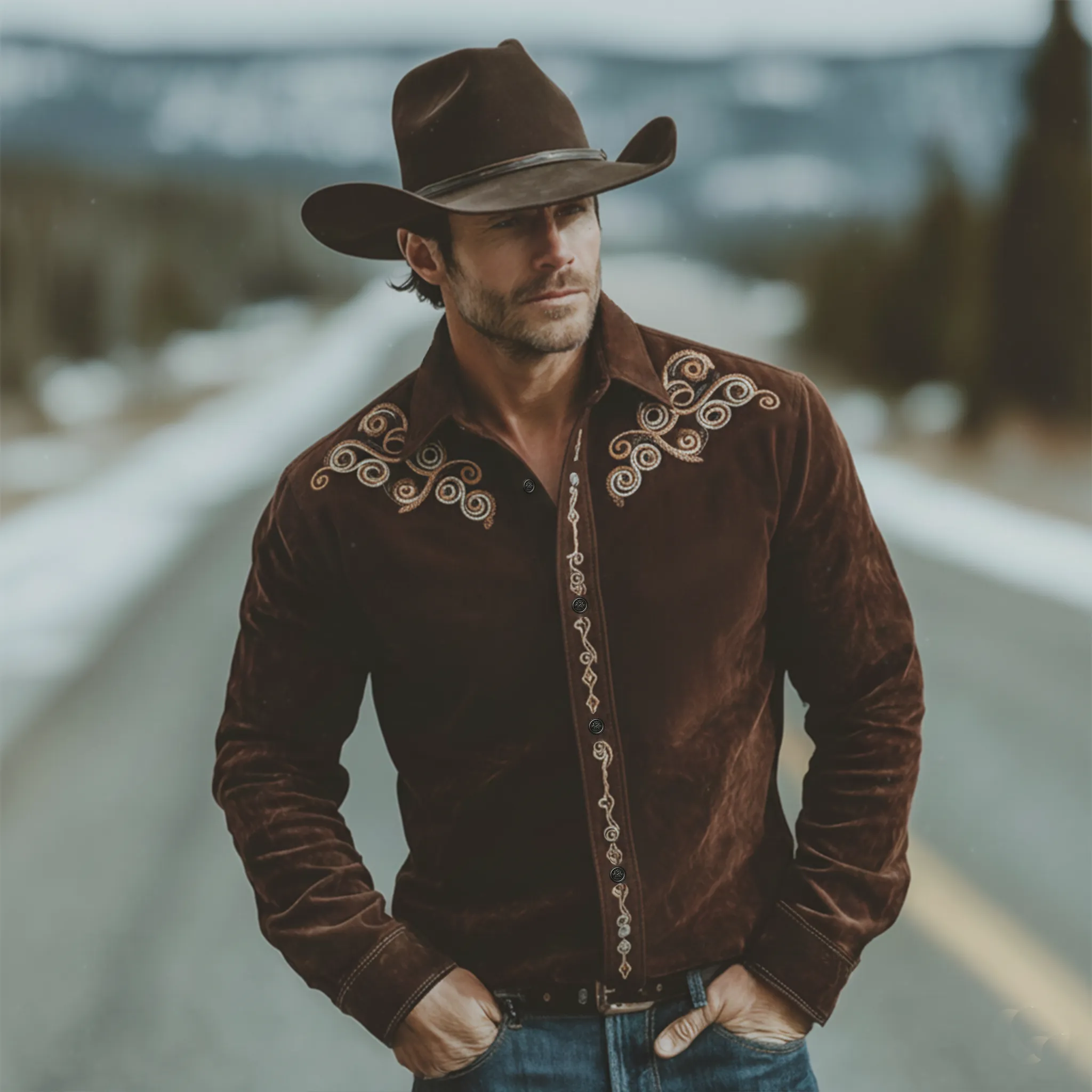Men's Classic Retro Western Style Tough Guy Embroidered Faux Suede Long-sleeved Shirt MTA1761K6K sold by Manly product image thumbnail 2