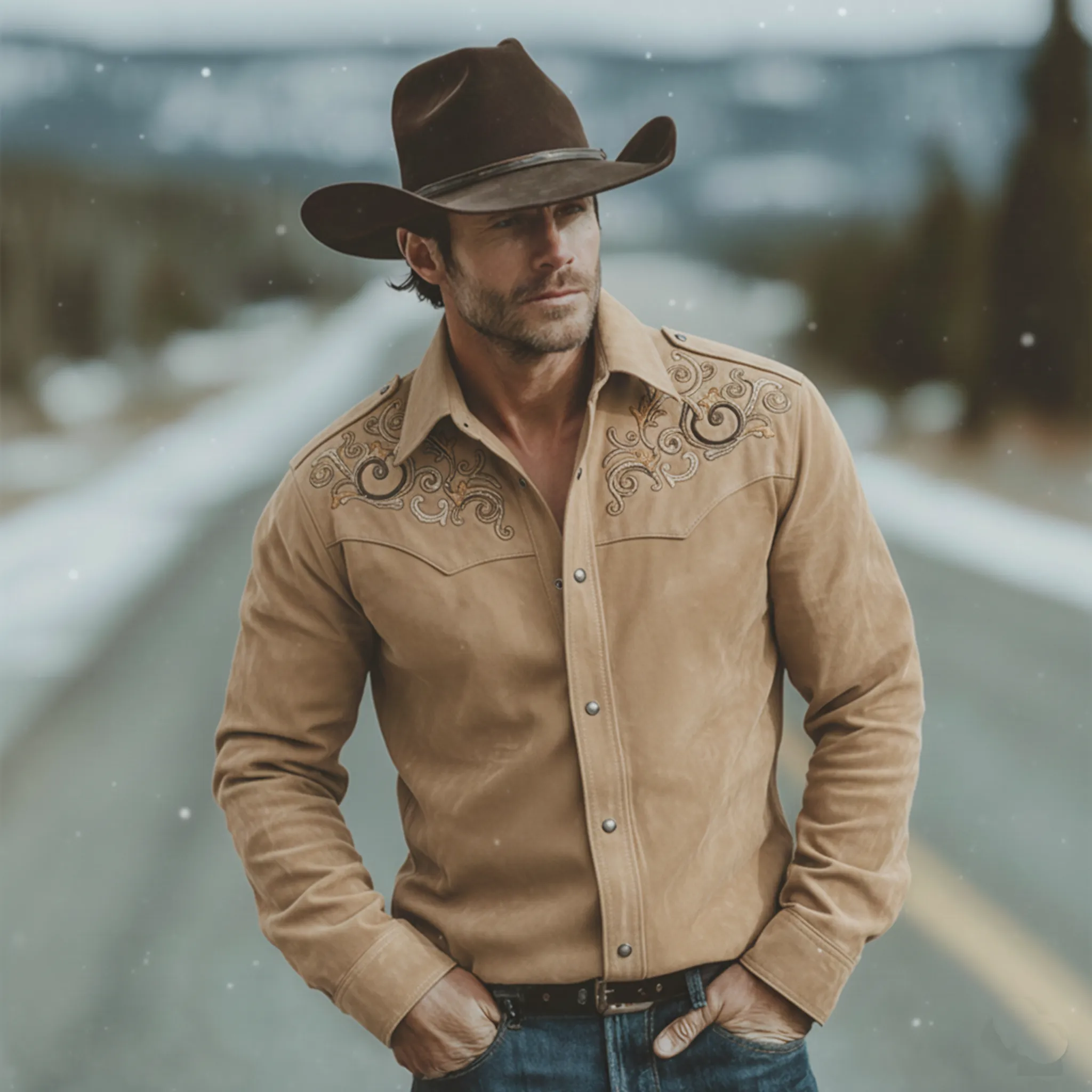 Men's Classic Retro Western Style Embroidered Faux Suede Long-sleeved Shirt MTA1767K4K sold by Manly product image thumbnail 2