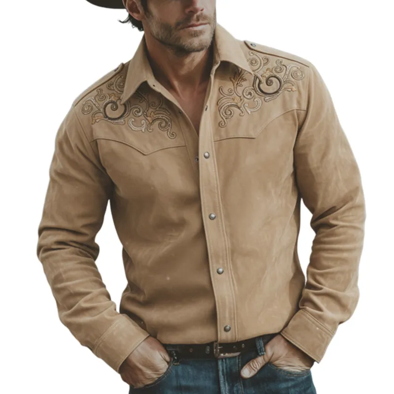 Men's Classic Retro Western Style Embroidered Faux Suede Long-sleeved Shirt MTA1767K4K sold by Manly