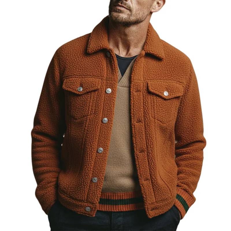 Men's Solid Color Fleece Lapel Button Jacket MTA2164K8X sold by Manly