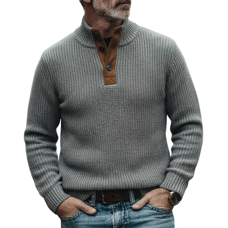 Men's Patchwork Faux Suede Knit Stand-up Collar Pullover Sweater MTA2184K0X sold by Manly