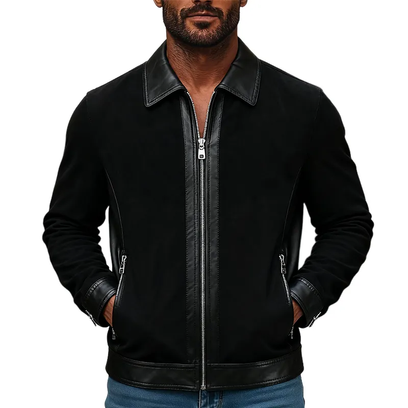 Men's Solid Color PU Patchwork Faux Suede Zip-up Collar Jacket MTA2168K3X sold by Manly