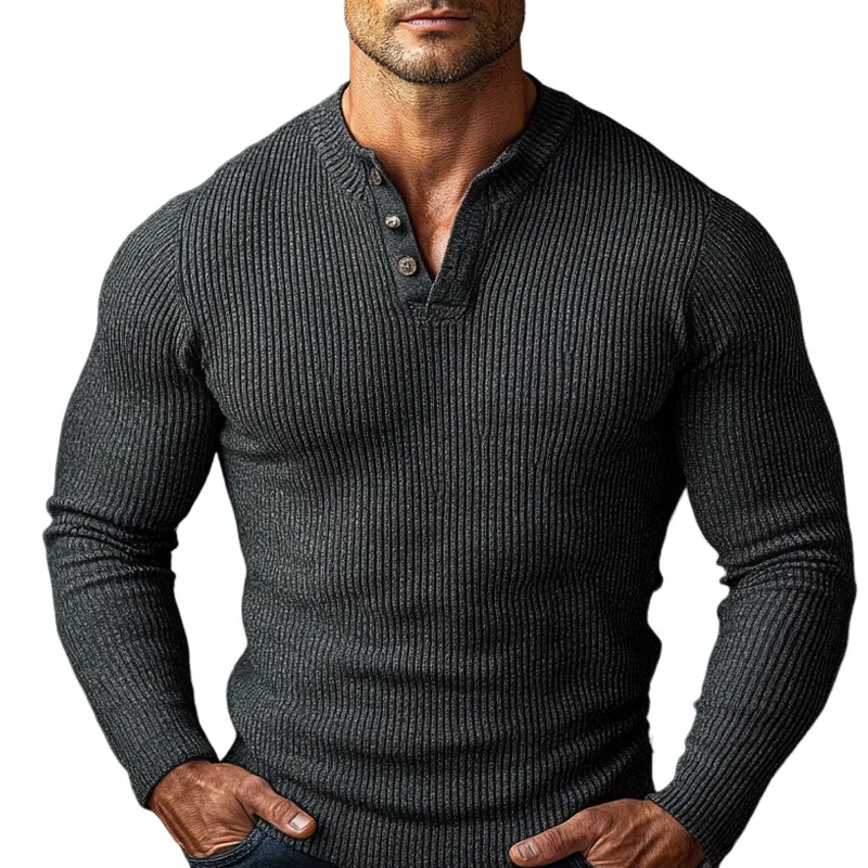Men's Solid Color Knitted Button-down Crew Neck Pullover Sweater MTA2005K0X sold by Manly