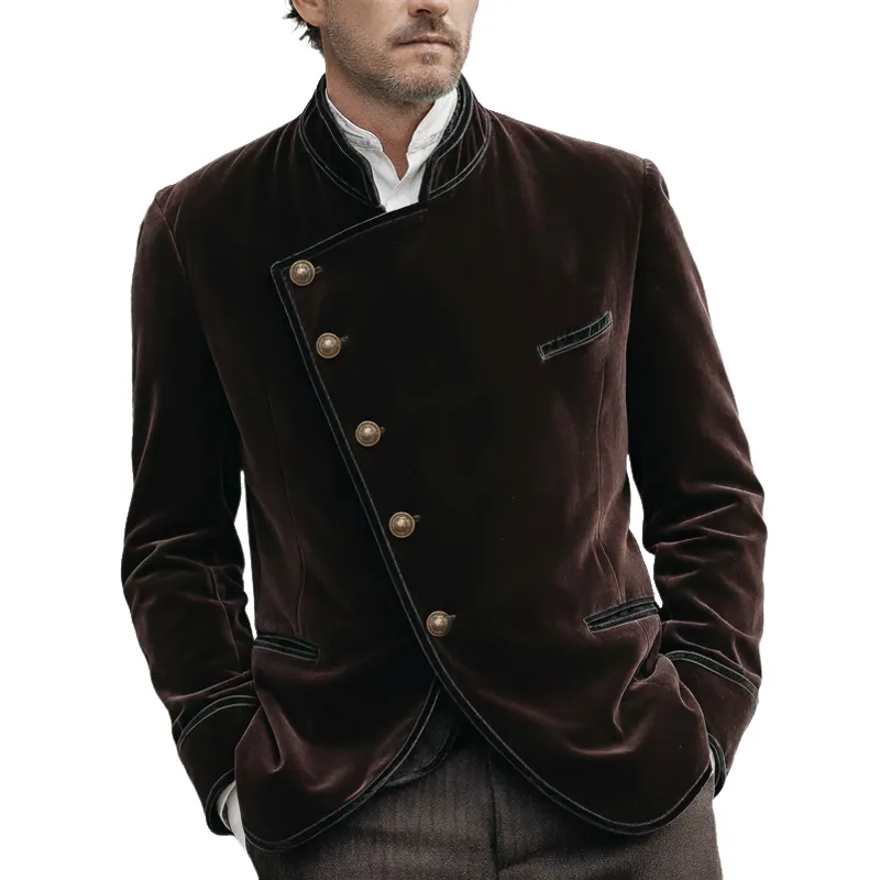 Men's Retro Stand Collar Diagonal Button Single Vent Velvet Jacket MTA2150K3U sold by Manly