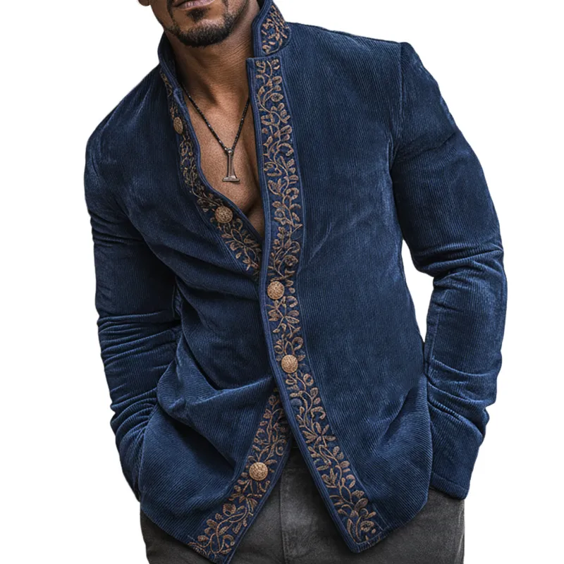 Men's Vintage Embroidered Corduroy Stand-collar Long-sleeved Shirt MTA2146K4U sold by Manly