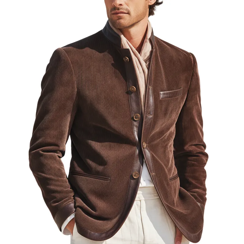 Men's Business Style Stand-collar Corduroy And PU Leather Spliced single-vent Jacket MTA2169K8U sold by Manly