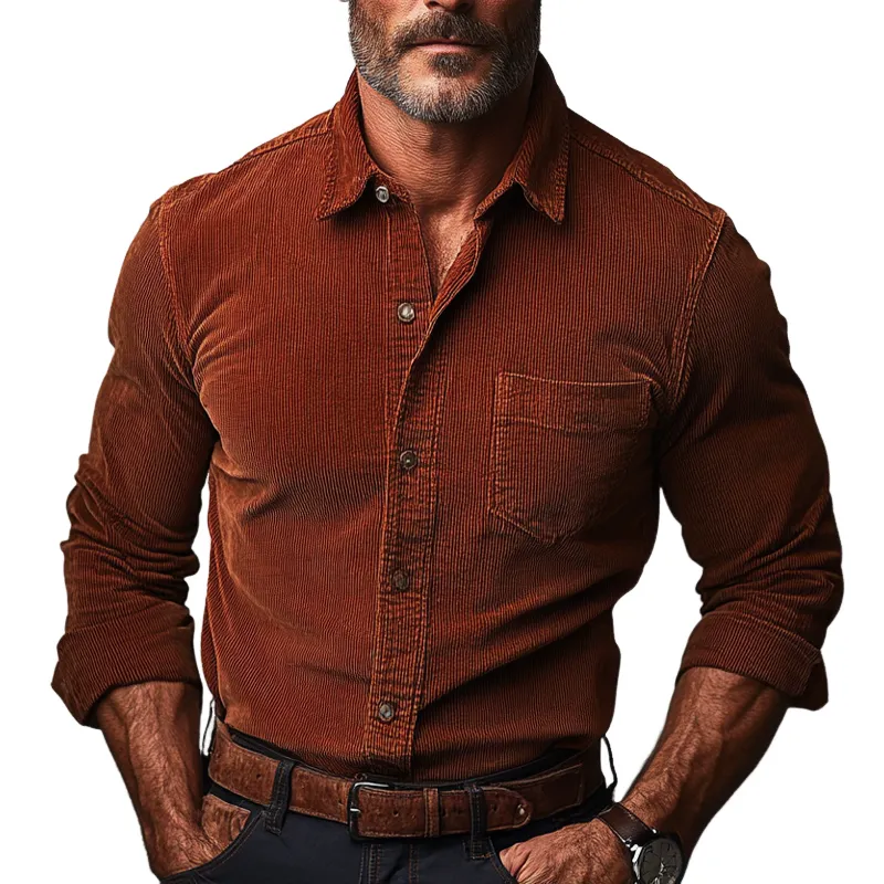 Men's Retro Solid Color Corduroy Lapel Long Sleeve Shirt MTA2066K8X sold by Manly