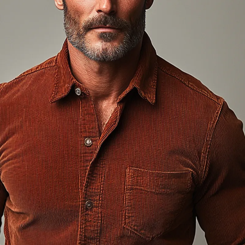 Men's Retro Solid Color Corduroy Lapel Long Sleeve Shirt MTA2066K8X sold by Manly product image thumbnail 3