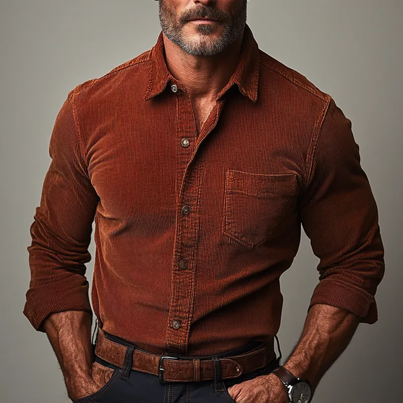 Men's Retro Solid Color Corduroy Lapel Long Sleeve Shirt MTA2066K8X sold by Manly product image thumbnail 2