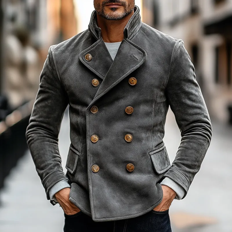 Men's Solid Color Double-breasted Faux Suede Blazer MTA2012K0X sold by Manly product image thumbnail 2