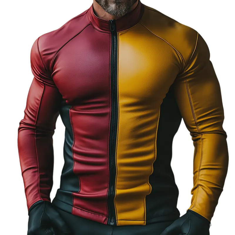 Men's Retro Casual Color Block PU Zipper Slim Fit Stand Collar Jacket MTA1871K9TO sold by Manly