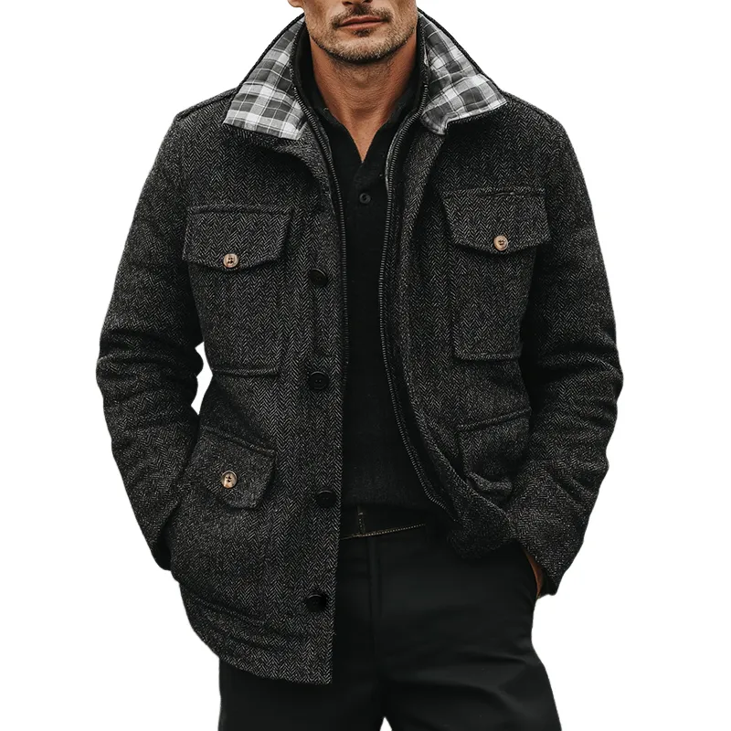 Men's Retro Casual Herringbone Lapel Multi-Pocket Jacket MTA1461K6TO sold by Manly