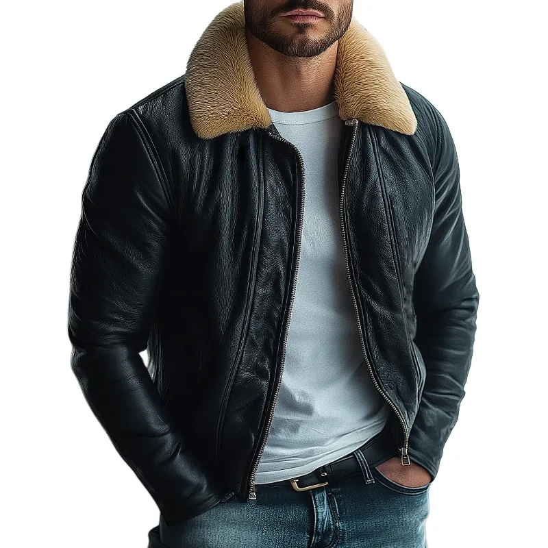 Men's Retro Casual PU Fur Collar Zipper Jacket MTA2049K1TO sold by Manly