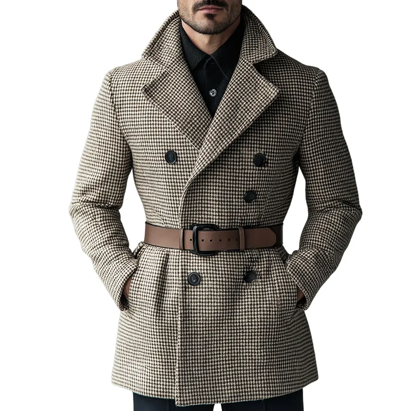 Men's Retro Casual Houndstooth Double-Breasted Belt Jacket MTA2026K4TO sold by Manly