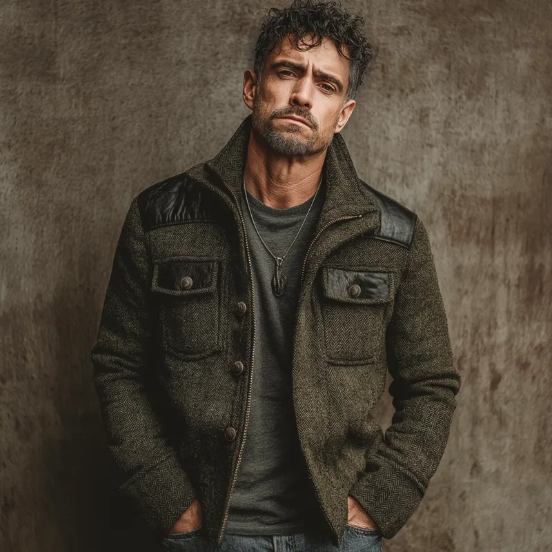 Men's Classic Stand-collar Herringbone Pattern Faux Wool And PU Leather Jacket MTA2000K1U sold by Manly product image thumbnail 2