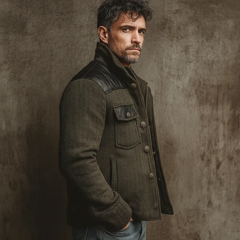 Men's Classic Stand-collar Herringbone Pattern Faux Wool And PU Leather Jacket MTA2000K1U sold by Manly product image thumbnail 3