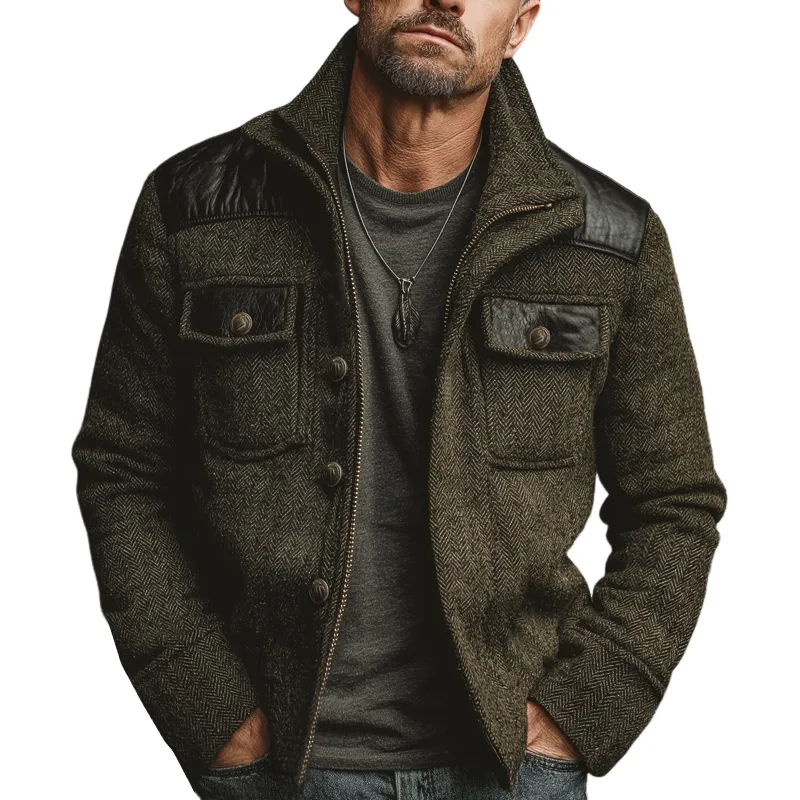 Men's Classic Stand-collar Herringbone Pattern Faux Wool And PU Leather Jacket MTA2000K1U sold by Manly