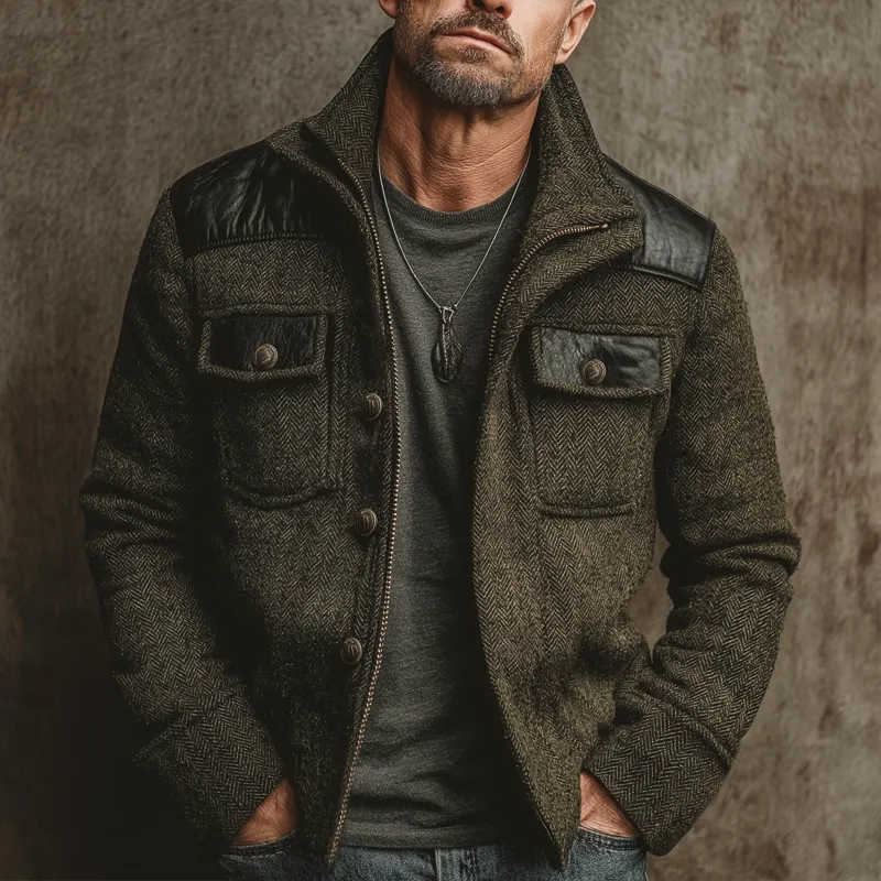 Men's Classic Stand-collar Herringbone Pattern Faux Wool And PU Leather Jacket MTA2000K1U sold by Manly product image thumbnail 5