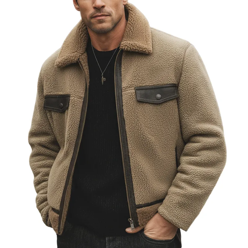 Men's Urban Warm Khaki Lambskin And PU Leather Patchwork Zip-up Jacket MTA2070K0U sold by Manly