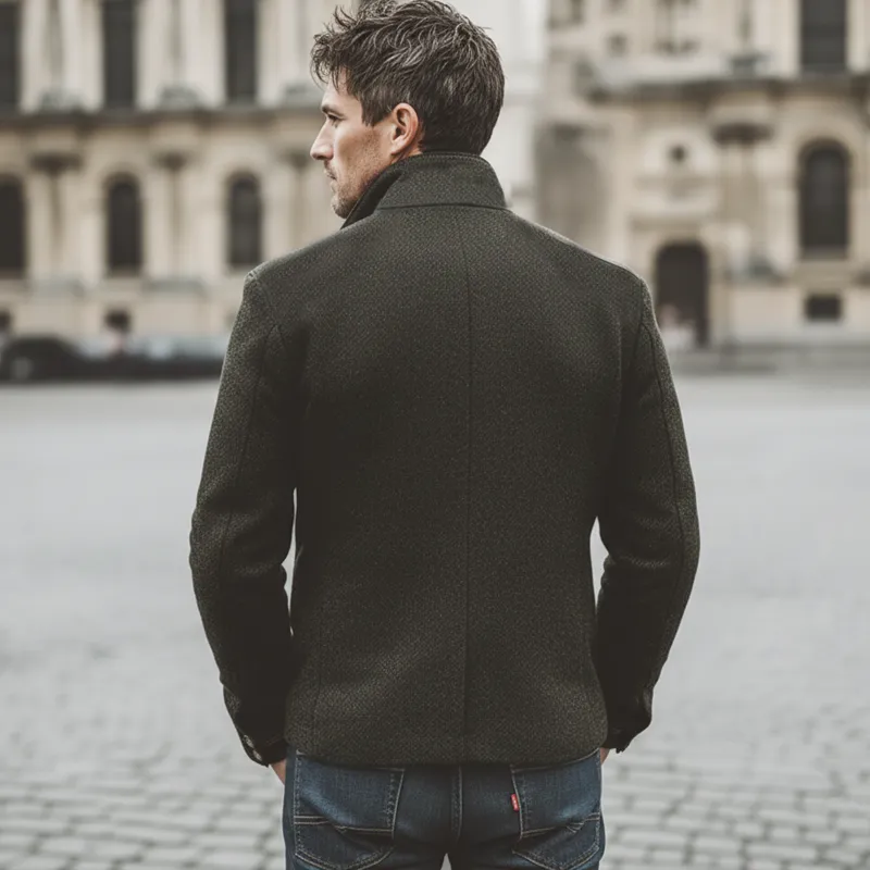 Men's Retro Stand Collar Faux Wool Patchwork PU Leather Single-Slit Jacket MTA2031K5U sold by Manly product image thumbnail 5