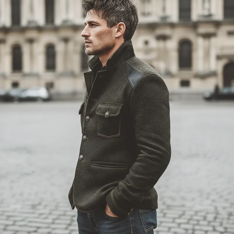 Men's Retro Stand Collar Faux Wool Patchwork PU Leather Single-Slit Jacket MTA2031K5U sold by Manly product image thumbnail 3